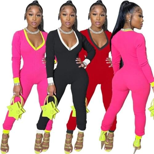 Sexy Deep V-neck Solid Color Zipper Long Sleeve Slim Plus Size Jumpsuit Women Clubwear New Arrival 2021 Corset