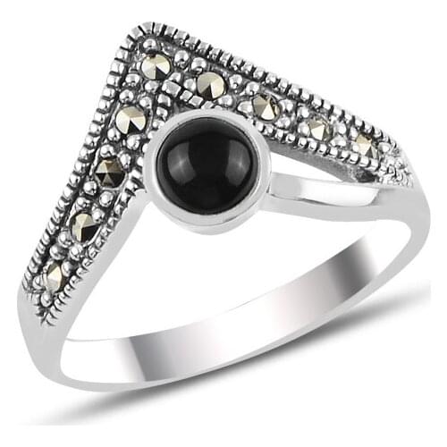 Silverlina Silver Onyx & Marcasite Ring