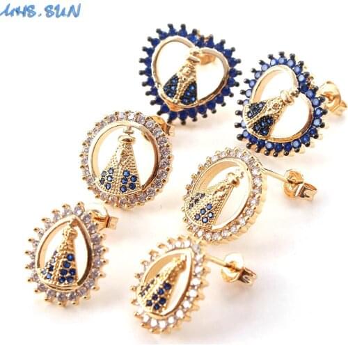 MHS.SUN Religious Style Women Heart/Round Stud Earrings Fashion Mosaic Zircon Jewelry For Girls Charm Earrings 1Pair/lot