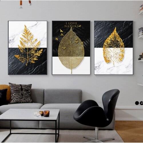 Gold Plant Leaf Wall Decor Canvas Print No Frame Unique Modern Black Abstract Picture For Living Room Home Decoration