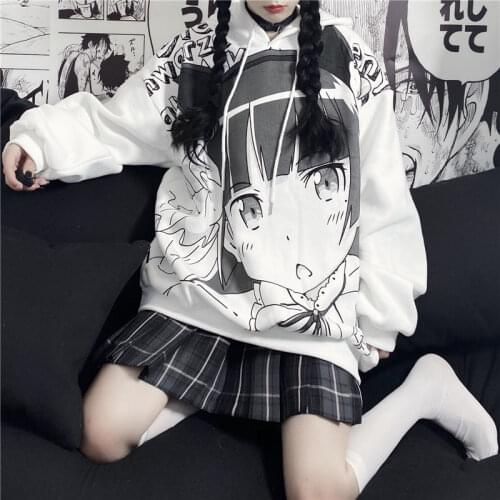 Deeptown Anime Hoodie Autumn Clothes Women Sweatshirt Fashion Print Long Sleeve Tops Loose Warm Velvet Plus Size Women Pullover