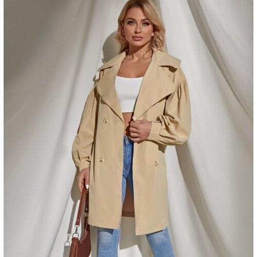 Womens Trench Coat 2021 Fashion Double Breasted Long Trench Coat Vintage Puff Sleeve Pockets Female Outerwear Chic Overcoat