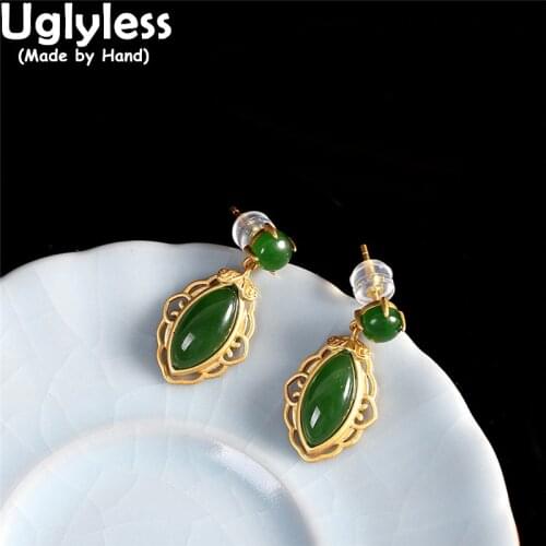 Uglyless Palace Design Luxury Natural Gemstones Jasper Earrings for Women 925 Silver Studs Earrings Elegant Lady Dress Brincos