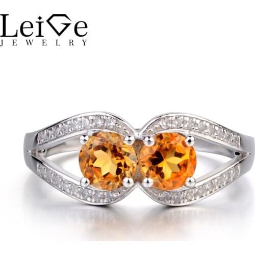 Leige Jewelry Citrine Ring Round Cut Yellow Crystal Double Stone Engagement Anniversary Rings for Women Sterling Silver Jewelry