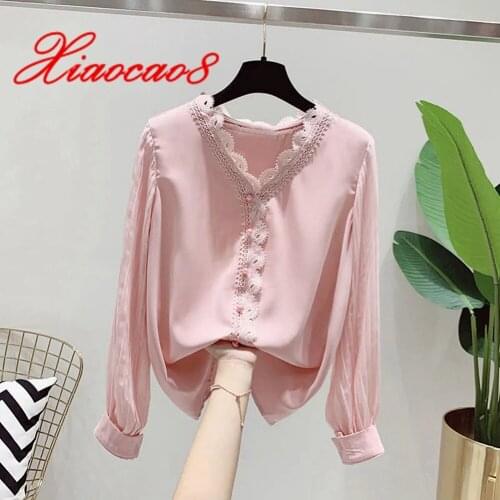 2021 Fashion Womens Chiffon Blouses Oversized V Neck Long Sleeve t-shirt Pink White Woman Top Shirt Solid Chemise Femme Blusas