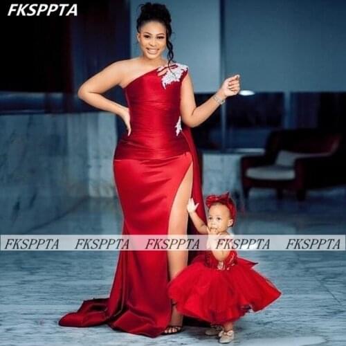 One Shoulder Burgundy Long Mermaid Prom Dresses High Slit White Lace Satin 2021 Formal Women Gowns For Prom Plus Size