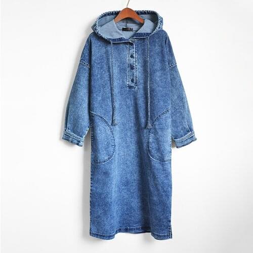 Autumn spring Korean European style plus size dress women fashion sexy loose hooded long sleeve medium long denim dresses women