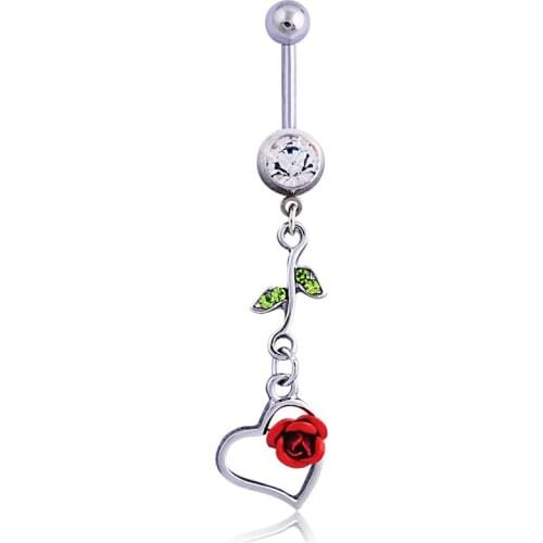 316L Stainless Steel Rose Dangle Belly Button Ring Shape Crystal Flowers For Women