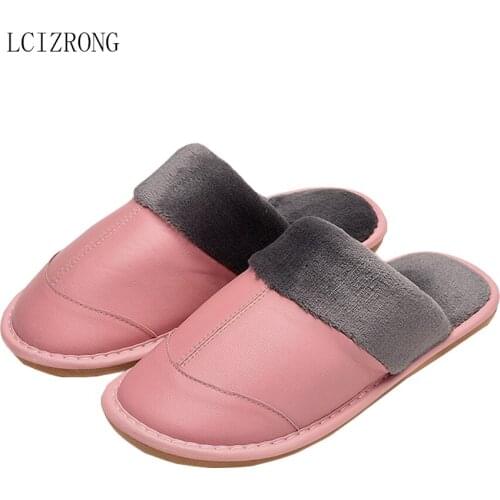 Winter Sheep Leather Slippers for Women 2019 Cotton Warm Home Shoes Family Leather Couple Woman Man House Slippers Big Size