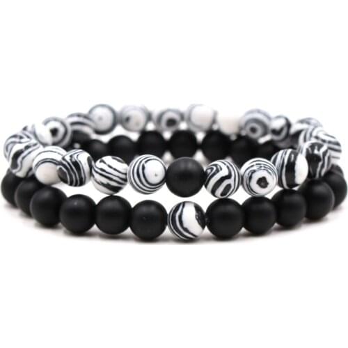 2PCS/Set charm 8mm Natural stone bead green Black white stripes Bracelets Couple bracelet for Men&Women popular DIY Jewelry