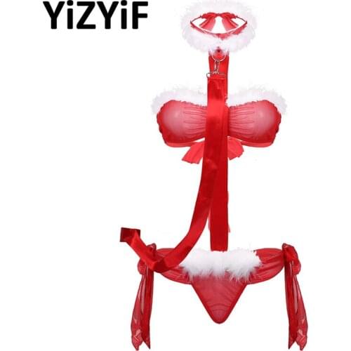 3Pcs Womens Sexy Sheer Mesh Santa Costume Christmas Erotic Lingerie Set Sexy Feather Trim Strapless Bra Bodysuit Briefs Leash