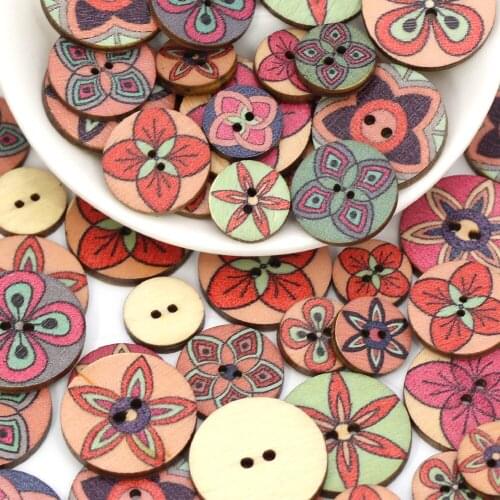 50pcs Vintage Button Printing Flower Wooden Buttons 2-Holes Decorative Button For Clothes DIY Crafts Sewing Accessories Handwork
