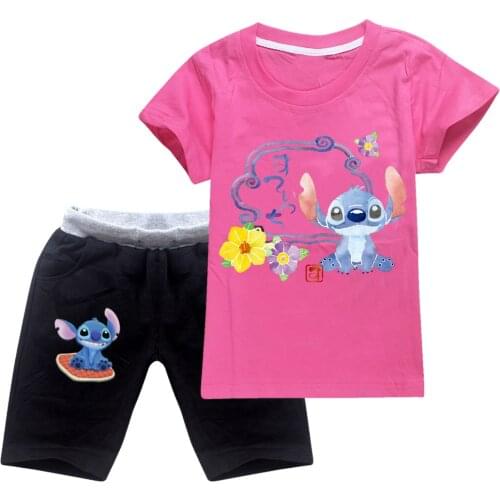 STITCH Kids Clothing Set T Shirt Cotton Casual Boys Outfit Sets Baby Girls Clothes Suits Sports T Shirt + Pants Summer