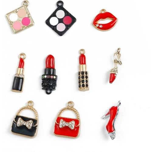 Julie Wang 2PCS Enamel Makeup Charms Mixed Women Lip Lipstick Alloy Gold Tone Necklace Bracelet Jewelry Making Accessory