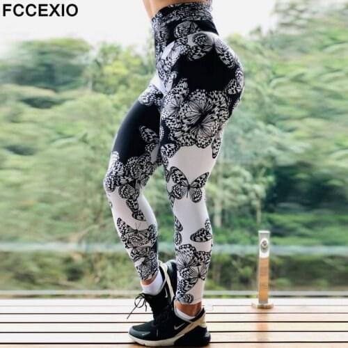 FCCEXIO High Waist Fitness Elastic Leggings Black&White Butterfly Print Sexy Plus Size Leggins Casual Workout Sport Tight Pants