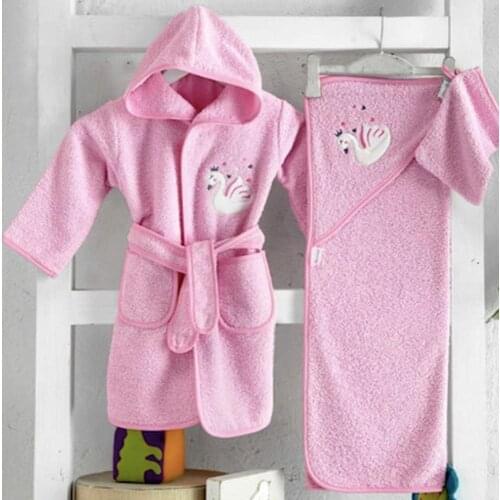 0-2 AGE PINK SWAN Newborn Infant Boys Girls Sets Baby Gowns Cartoon Flannel Bathrobes+ baby body towel + baby head towel/ pouch