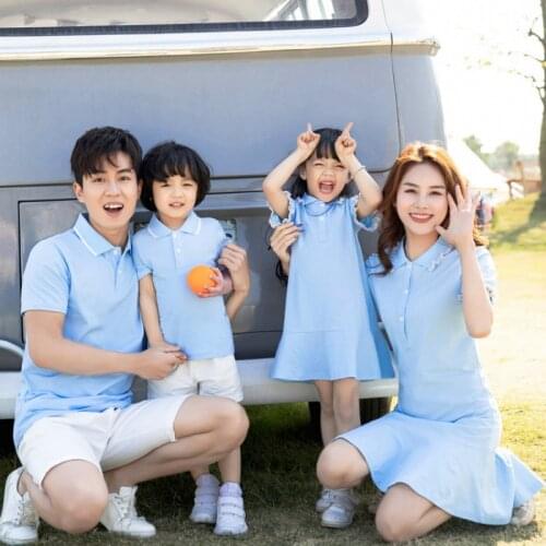 Summer Family Matching Outfits Dad Boy T-Shirt+Shorts Sets 2PCS Suits Mother Girls Blue Dresses Couple Turn-down Collar Clothes