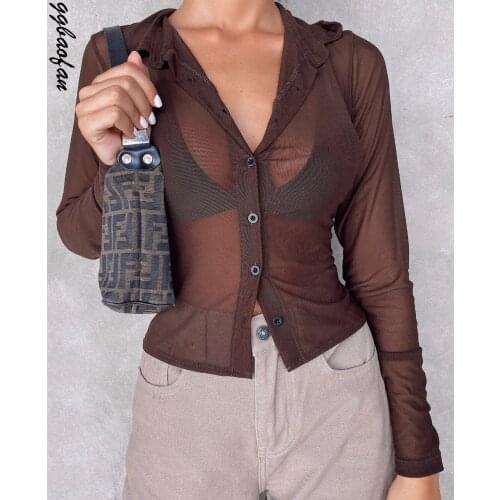Ggbaofan Mesh Long Sleeve Crop Top Women Brown 2021 Summer V Neck See Through Basic 90S Vintage T Shirts Sexy Blue Transparent