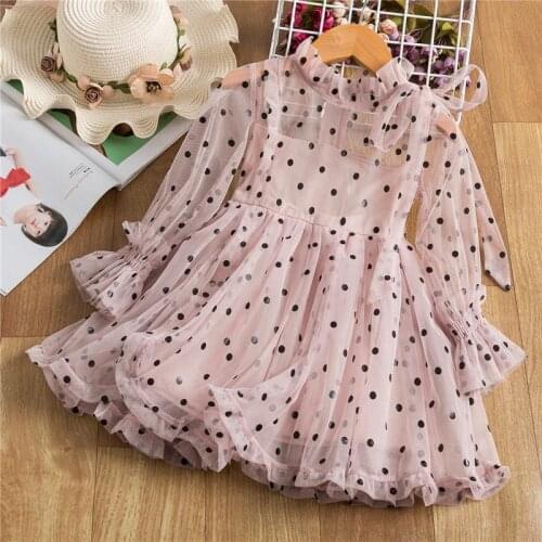 Lace Mesh Dresses For Baby Girls 2-6 Yrs Summer Puff Sleeve Casual Princess Birthday Party Polka Dot Kids Dress Children Clothes