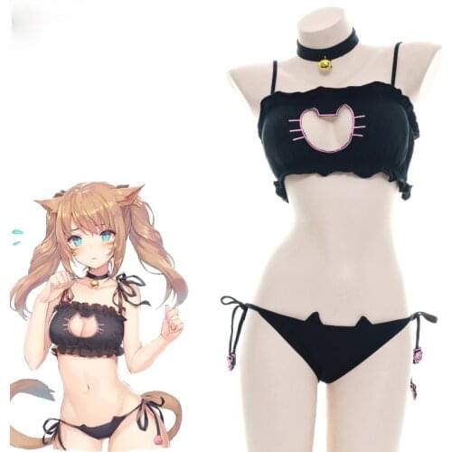 Anime Cute Cat Paw Bikini Swimsuit Costume Summer Beach Girl Mini Lovely Cats Bell Swimwear Uniform Cosplay