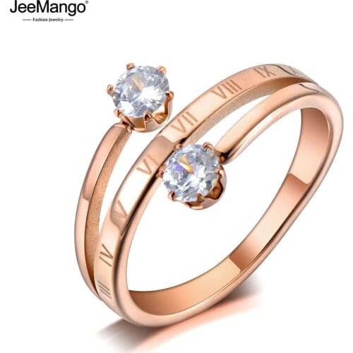 JeeMango Trendy Stainless Steel Roman Numerals Rings For Women Rose Gold Double Cubic Zirconia Female Engagement Jewelry JR19118