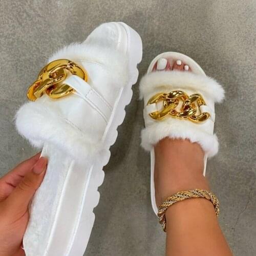 Fur Slippers Womens Shoes Summer New 2021 Luxury Chain Flats Sandals Ladies Platform Flip Flop Comfort Casual Female Slides Hot