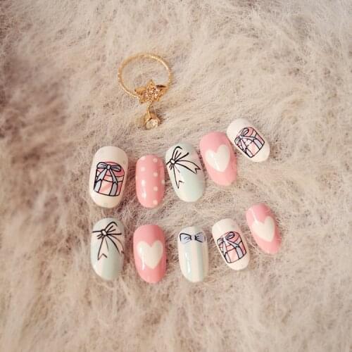 My cute cream pink cake pattern fresh french false nails 24pcs with glue Japanese fake nails acrylic full nail tips pure color