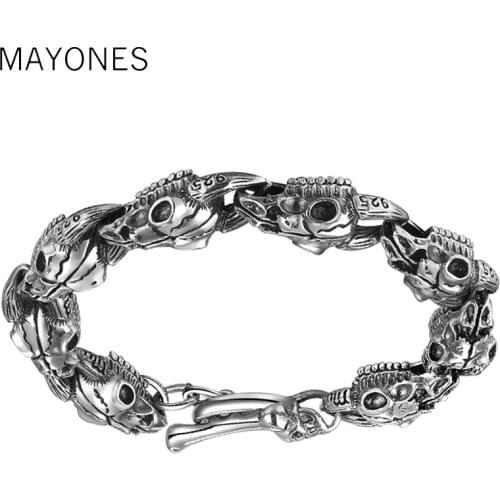 MAYONES Mens Punk Skull Sheep Head Bracelet Solid 925 Sterling Silver Bracelet for Male Biker Vintage Thai Silver Jewelry 21cm
