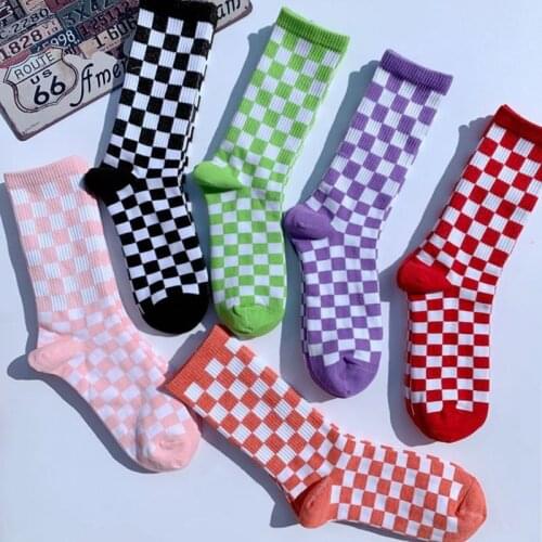 Korea Harajuku Fashion Check Socks Street Fashion Sports Print Skateboard Socks Hip Hop Geometric Checkerboard Hip Hop Socks