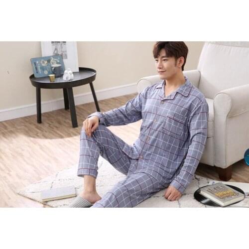 2019 new arrival fashion men sleeping cloth turn-down collar long sleeve plaid free shipping