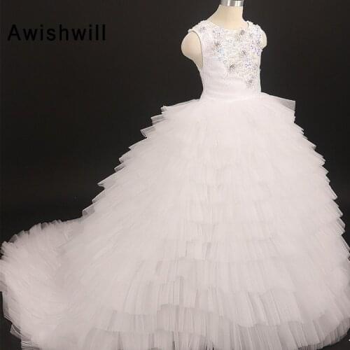 New Arrival White Ball Gown Dress Wedding for Girls Applique Beaded Tiered Tulle Communion Dresses Flower Girl Dresses