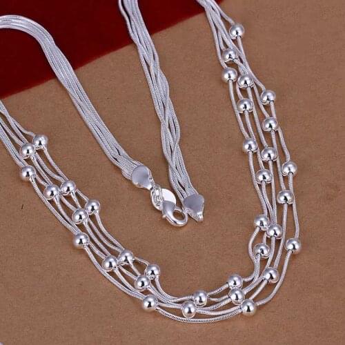 Wholesale silver plated Necklaces & Pendants,925 jewelry silver,Filve Line Beads Ball chains 18" layered necklace SMTN213