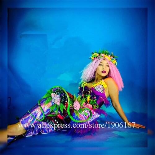 Nightclub Wigs Headdress Sexy Lady Party Event Flower Dance Suit Clothes Halloween Christmas Masquerade Cosplay Costume