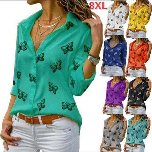 Spring Women Butterfly Printing Loose Lapel Yellow Shirts Blusa Office OL Female Commuter Work Clothes Top Blouse Plus Size 5XL