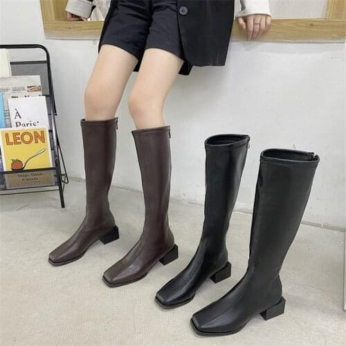 NEW Women Knee High Boots Female Leather Fetish Zipper Knight Boots Elegant Booties Black Brown Lady Block Low High Heels Shoes