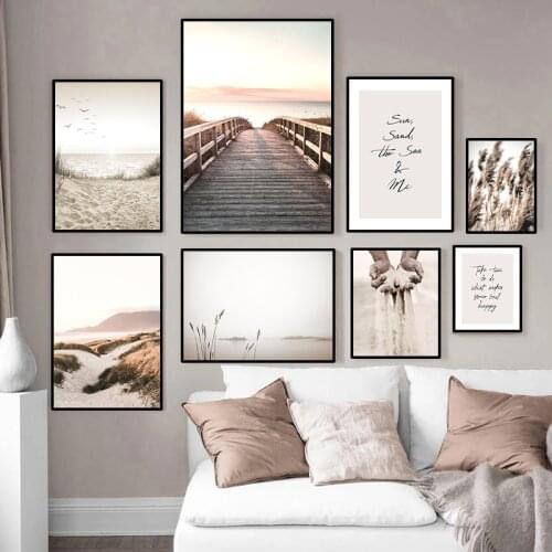 Nordic Home Decor Scandinavian Nature Landscape Canvas Painting Grass Bridge Beach Sunset Wall Art Poster Print Modern Picture