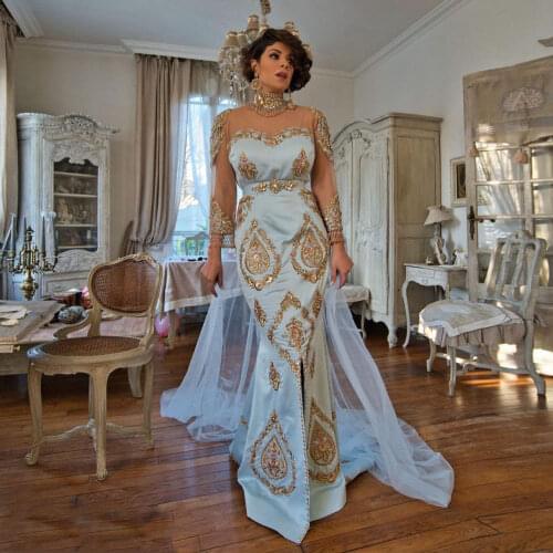 Light Blue Exquisite Demure Moroccan Caftan Evening Dress Applique Tulle Overlay Tassel Special Occasion Prom Dress Custom Made