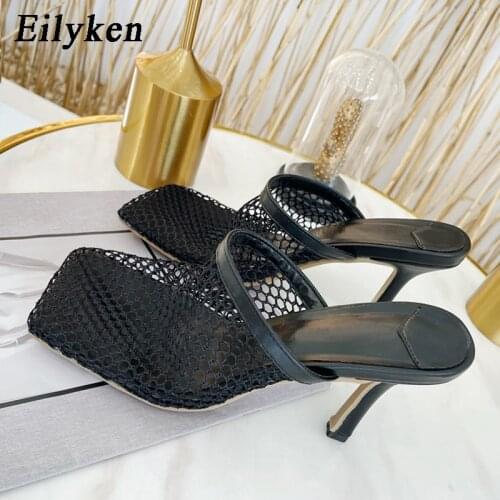 Eilyken New Hollow Breathable Mesh Woman Thin High Heels Slippers Summer Vintage Square Toe Sandals Mules Femme Shoes Pumps