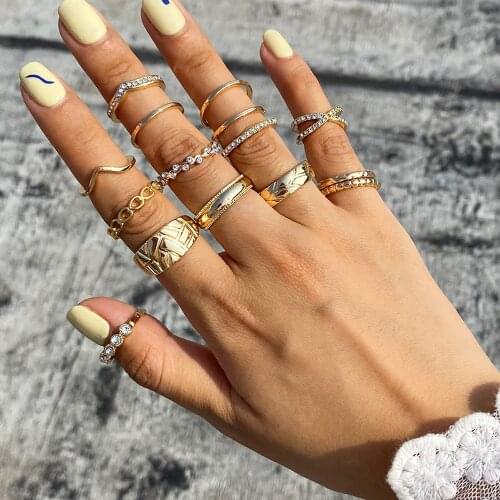 Bohemian Geometric Knuckle Rings Sets Punk Silver Color Clear Crystal Stone Gold Chain Finger Ring for Women Jewelry Accessories