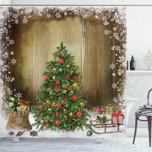 New Year Shower Curtain Set Ornamental Pine Tree Rustic Xmas Curtain for Bathroom Decor 12 Hooks Decorative Bath Accessory