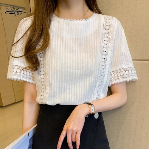 Elegant Office Lady Tops Korean Style Women Short Sleeve Hollow Out Lace Blouse Summer 2021 White Pink Shirt Solid Blusas 9602