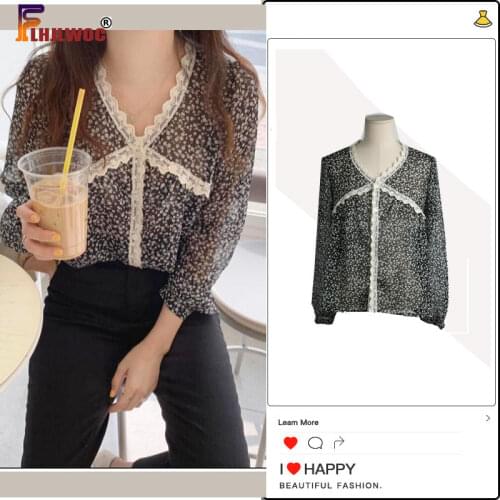 Floral Print Cute Tops 2020 Fall Autumn Long Sleeve V Neck Sweet Preppy Japan Style Girls Patchwork White Lace Women Tops Blouse