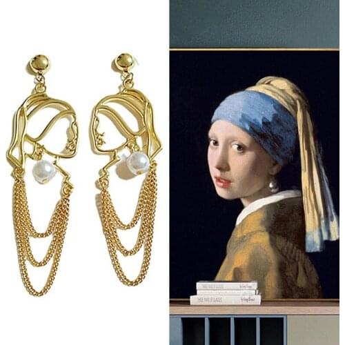Pearl Crystal Portrait Chain Tassel Earrings Vintage French Personality Exaggerated Women Jewelry Accessories