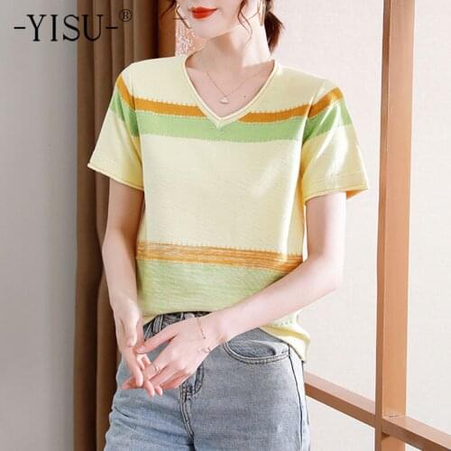 YISU Slim Women Wool Summer Thin section Sweater V-Neck Female Casual Jumper Stitching color 2021 Short sleeve Knitted Pullover