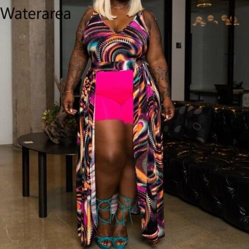 2019 New Summer Plus Size Women V-Neck Sleeveless Sleeve Print Irregular Long Dress Sexy Nightparty Club Dress DM049