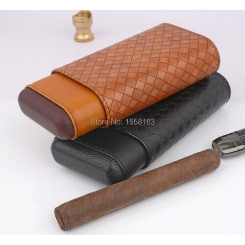100% Original Brown Woven Pattern Cedar Wood 3Plus Fingers Travel Cigar Case Fit for 63ring Cigar
