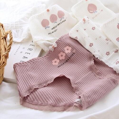 5Pcs/1lot Kids Girls Peach Printed Underwear Striped Cotton Brief 2021 Teenage Student Sweet Mid Waist Underwear Japanese Style