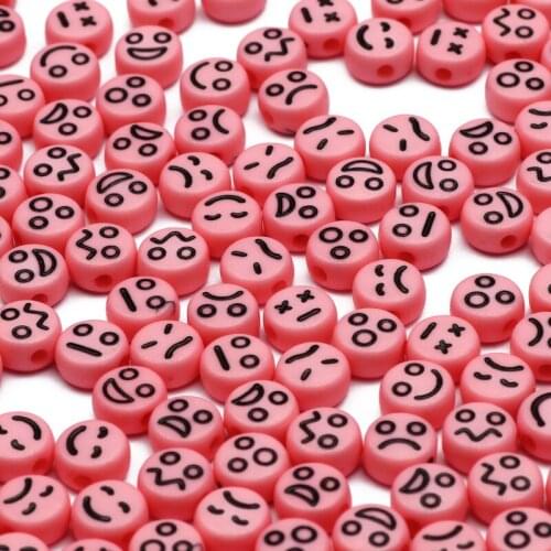 7X4mm100-500pcs Emotional Face Flat Round Pink Acrylic Beads Loose Spacer Beads For DIY Jewelry Making Necklace Accessories