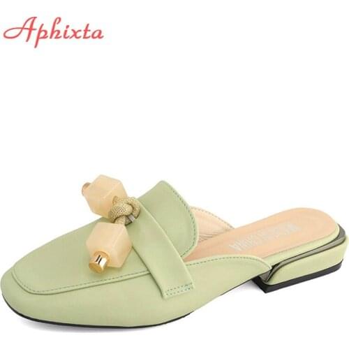 Aphixta Luxury Metal Square Heels Mulers Women Slippers Shoes Gemstone Fringe Square Heel Tassel Mujer Slides Plus Big Size 43