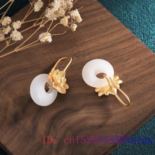 White Jade Lotus Earrings Charm Gemstone 925 Silver Chalcedony Amulet Fashion Jewelry Gifts Zircon Natural Crystal Women